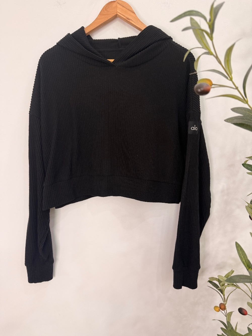 Alo Yoga Black Muse Ribbed Cropped Hoodie Women's Medium - Picture 2 of 7